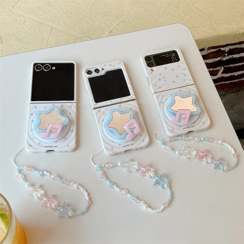 Korean Cute Little Star Magnetic Phone Case For Samsung Galaxy Z Flip 8 7 6 5 4 Cover with Magsafe Stand Girp Chain Kawaii Cases