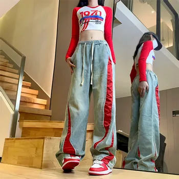 מכנסי ג'ינס עם שרוך בצבע אדום בסגנון סייבר Y2K לנשים, בגדים קוריאניים, מכנסי סווטשירט ישרים לנשים