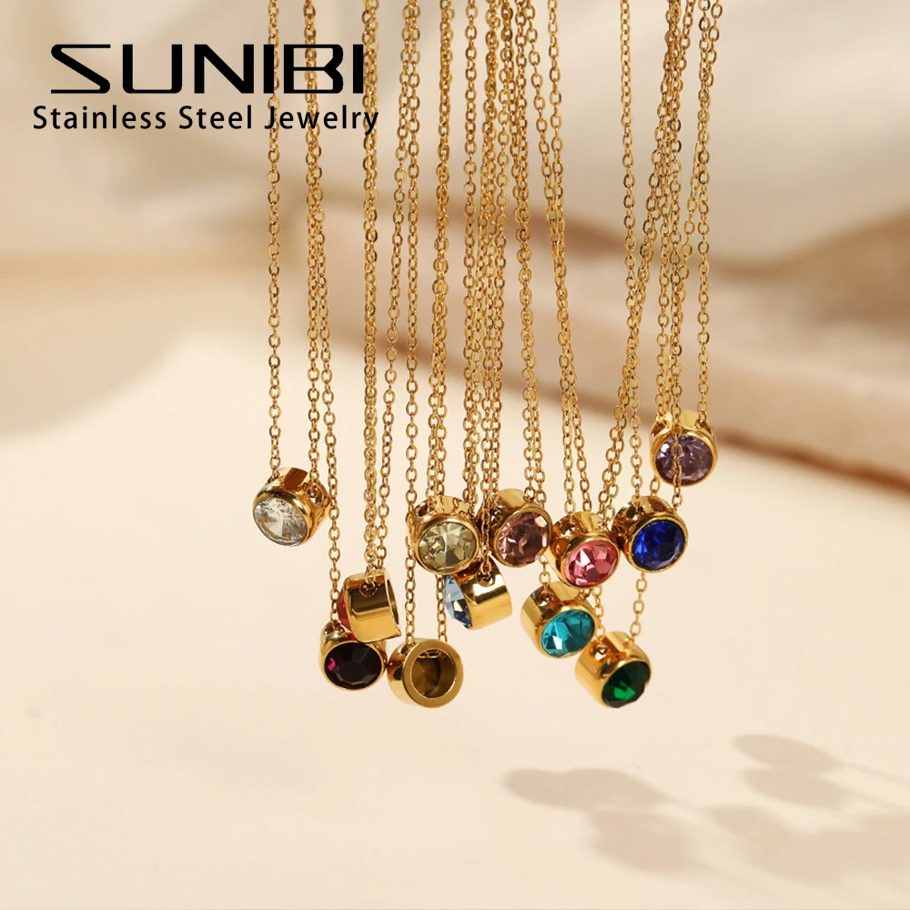 SUNIBI Stainless Steel Birthstone Necklace for Woman Gold Color Bride Designer Pendant Necklaces Birthday Gift Jewelry Wholesale