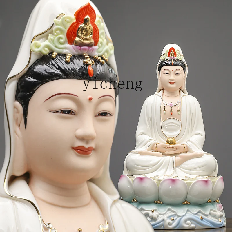 

BJ ceramic bead-holding Guanyin Bodhisattva Buddha statue ornament, household worship lotus Guanyin statue