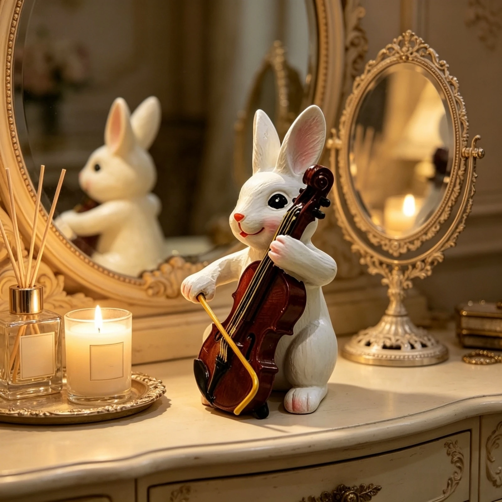 2026 New Easter Resin Rabbit Ornament Adorable Bunny Figurine with Cello for Living Room Bedroom Garden Patio Lawn Figurines