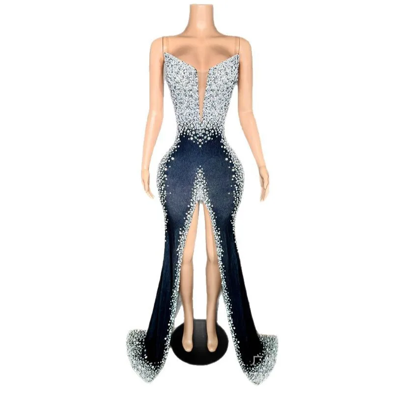 فستان مثير بفتحة عالية من الكريستال الماسي وحفلات الكوكتيل وحفلات أعياد الميلاد الخفيفة الفاخرة فساتين Abito الفاخرة الأنيقة