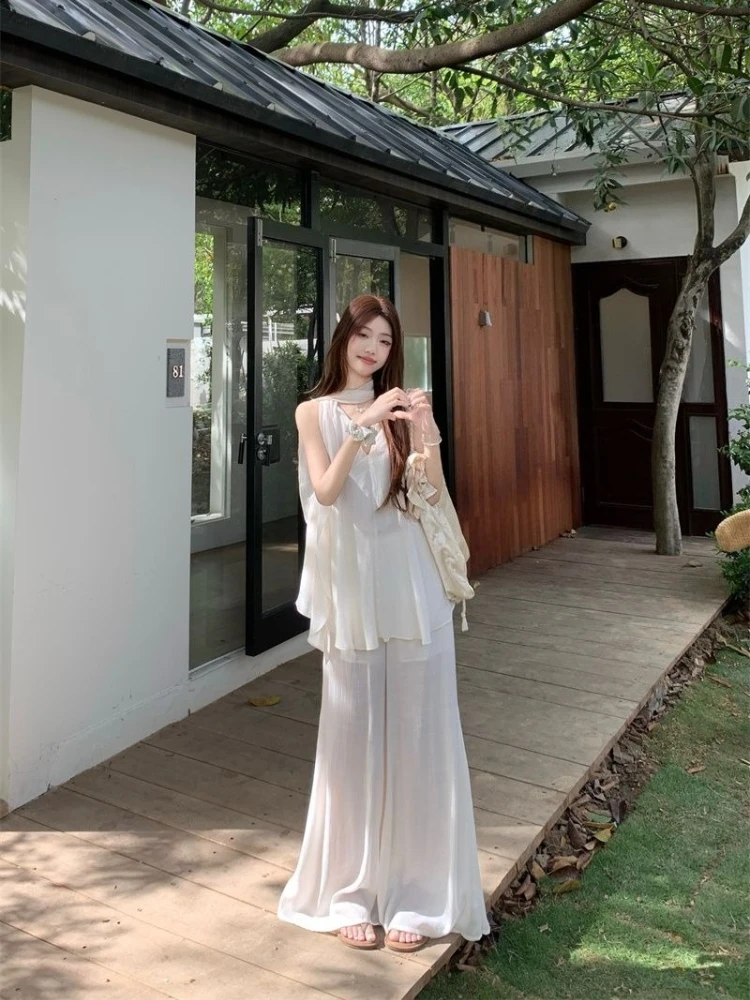 Sleeveless Babydoll Top Ribbon Halter Neck V Neck Shirt Women Summer French Sweet Niche Design Sense Pants Set