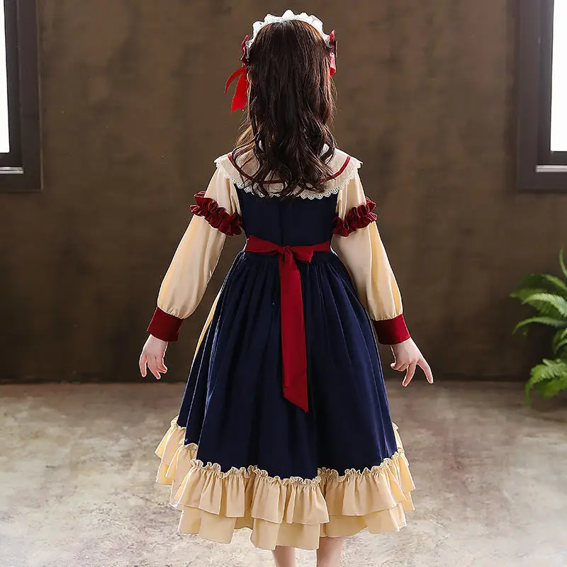 Teen girl kids Vestido Spanish Girl Dress Baby Bow Princess Long sleeve Lolita Dress For Girls Birthday outfit Lace Headband