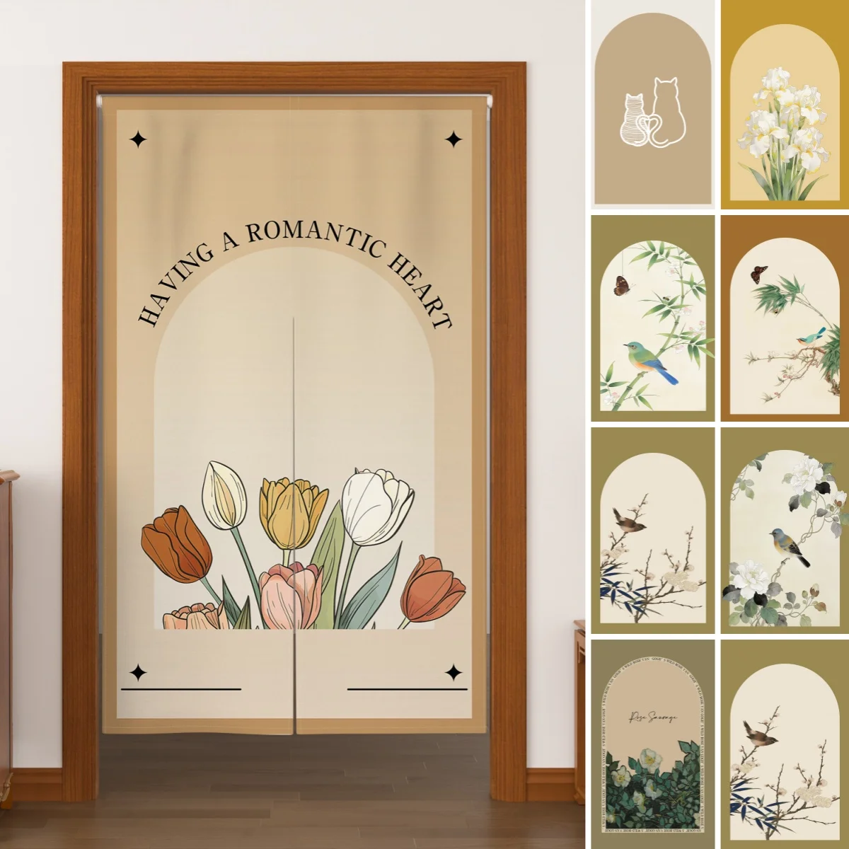 Tulip Bird Arc Door Curtain Vintage Pastoral and Chinese Style Split Arc Window Design for Home Decor Room Divider Half Curtains