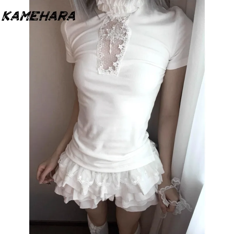 

KAMEHARA Japanese Y2k Subculture White Shoulder Short Sleeved Women's Summer Hollow Out Short Tee Spicy Girl Slim Fit Gothic Top