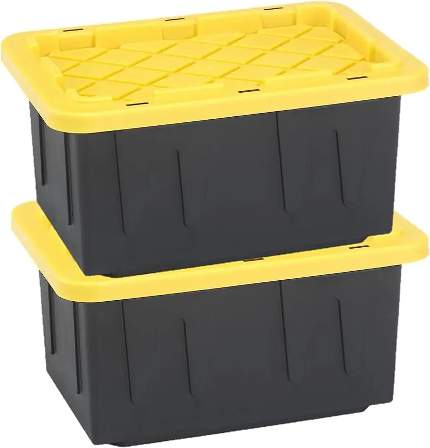 

15-Gallon Durabilt Plastic Stackable Storage Organizer Container w/Snap Lid and Hasps for Tie-Down Straps or Locks, Black/Y