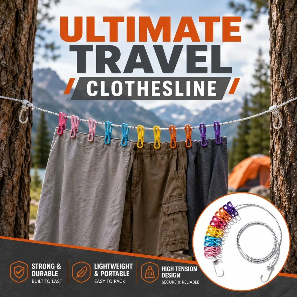 Retractable Portable Clothesline Clothing Line with 12 Clothes Clips Indoor Laundry Drying Line,Outdoor Camping Outdoor Gadgets