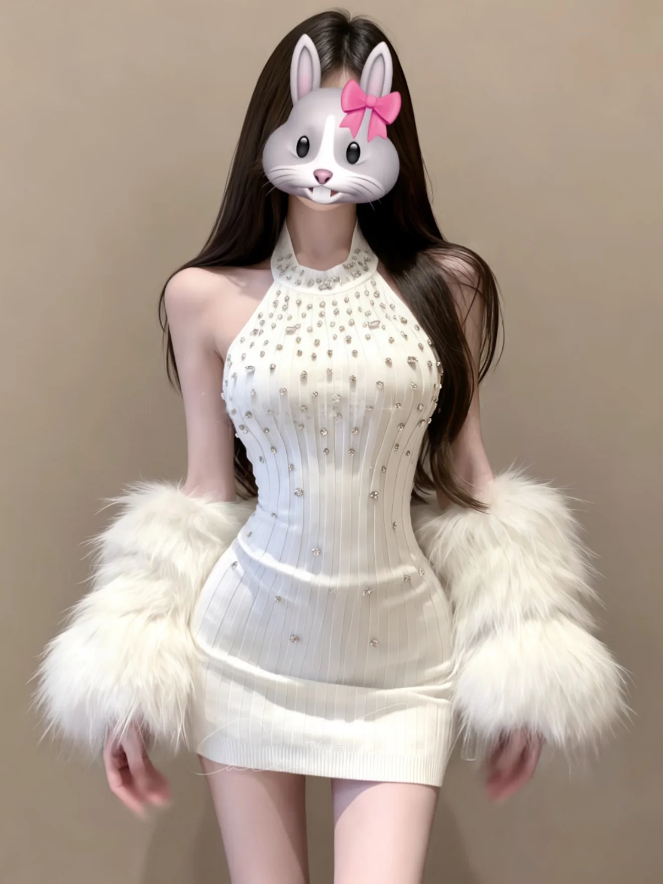 

Elegant Diamond Embedded Close-Fitting Dress Women's Autumn Winter Sexy Slimming White Wrap around Skirt Luxury Style Knitted...