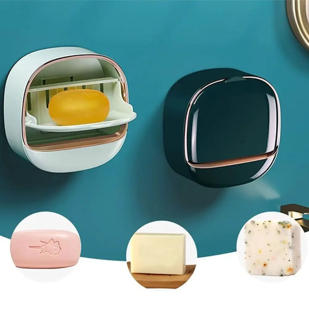 Fashion With Drainage Box Soap Dish Waterproof Punch-Free Soap Holder Wall Mounted Flip Bathroom Accessories