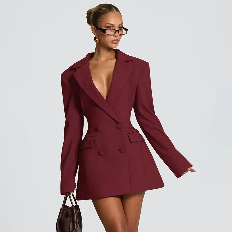 Neu eingetroffen: Elegantes Blazerkleid in Uni-Farbe mit tiefem V-Ausschnitt und tailliertem Schnitt für Damen – Detail 34