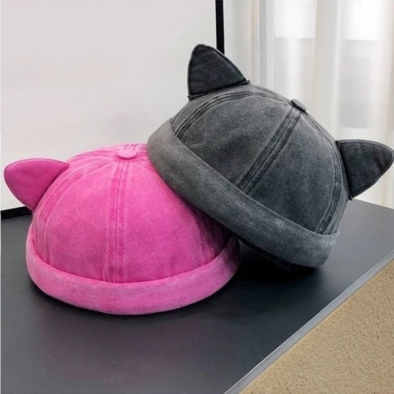 New Cat's ears (Steamed cat-ear shaped bread) round top melon skin hat brimless hat Hip hop landlord hat for both men and women