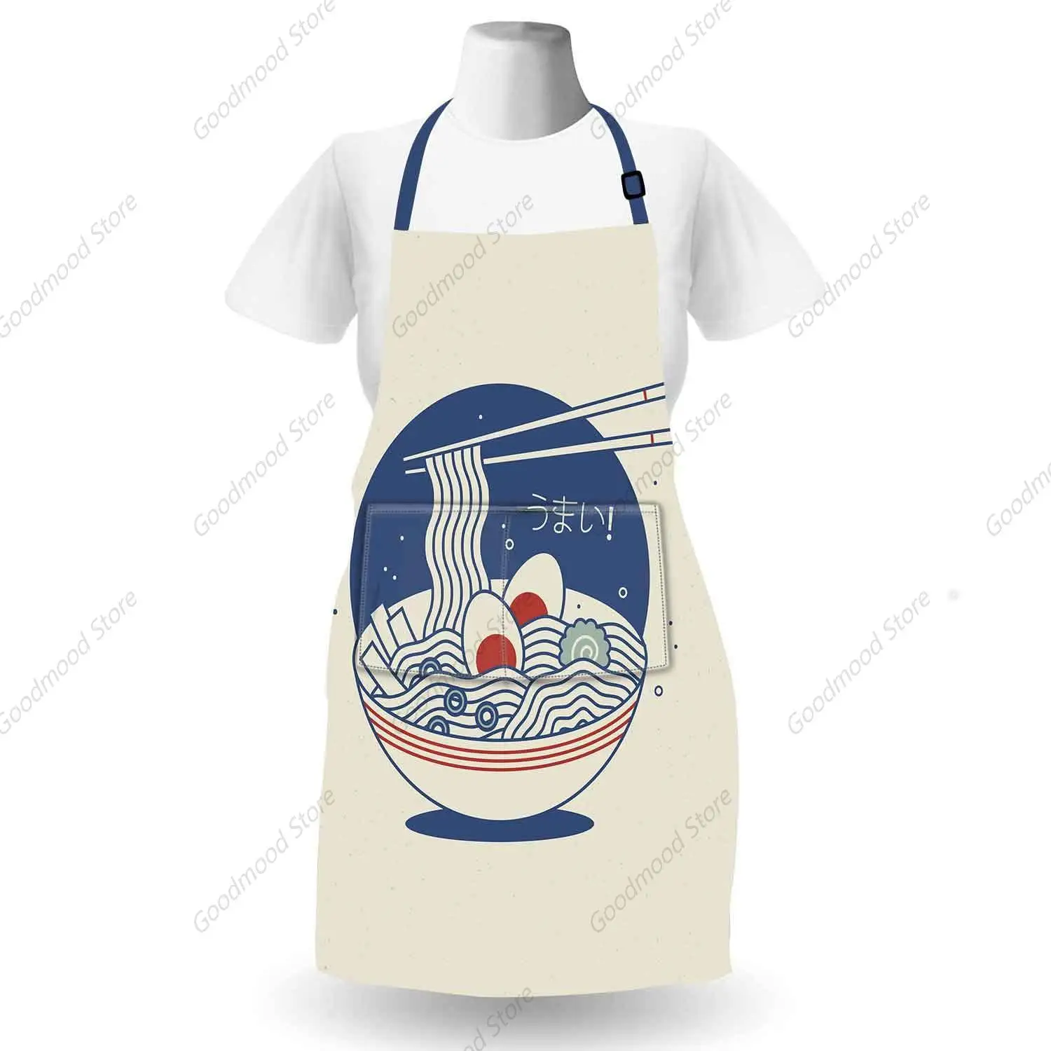 Japanese Ramen Pattern Apron Beige Navy Japan Gourmet Noodle Apron Double Pocket Grease Resistant Chef Length Apron Vacation BBQ