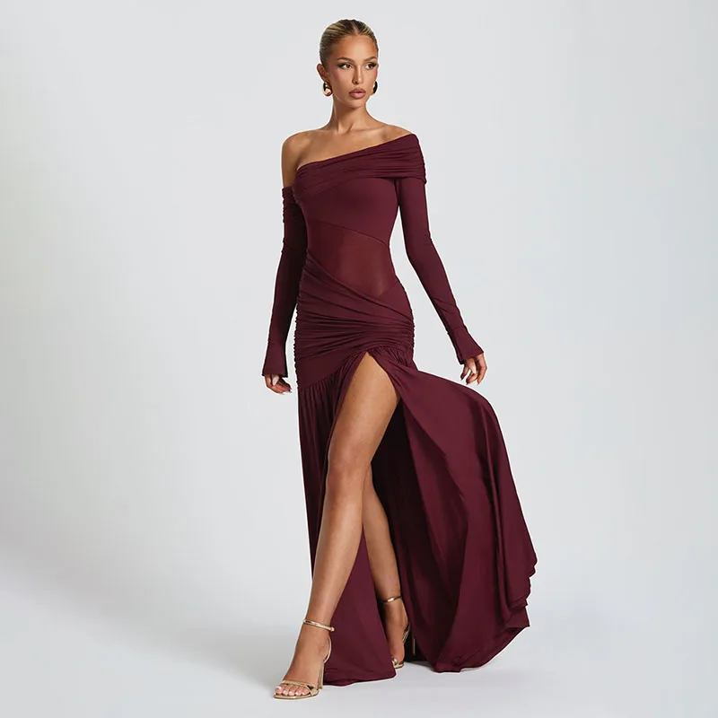 ZHIO Neues Kleid mit schrägem Kragen und langen Ärmeln, sexy schulterfreies Maxikleid mit seitlichem Schlitz, elegantes rückenfreies enges langes Clubkleid für Damen – Detail 6