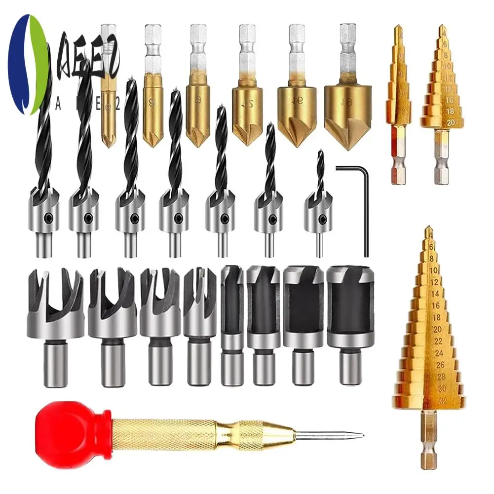 

AEE2-26-Pack Woodworking Chamfer Drilling Tools Drill Bits Set Wood Plug Cutter Three Pointed Countersink Drill Bits