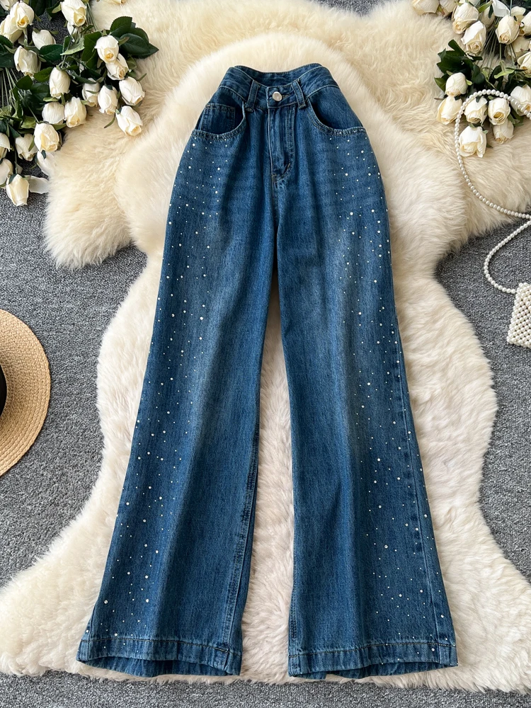 

Ретро-модные женские джинсы с высокой талией и широкими штанинами, украшенные стразами, в повседневном стиле, прямые, длинные, весна 2026