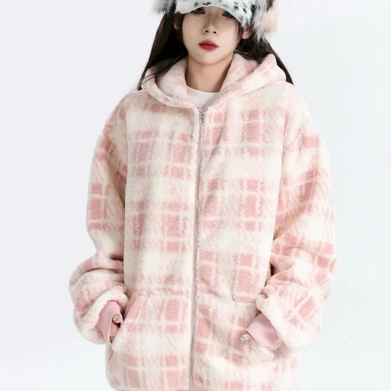 China-Chic Couple Hooded Coats Plaid Unisex Zip Up Hoodies Color Contrast Cardigan Hooded Jackets Ins Trend Loose Tops Autumn