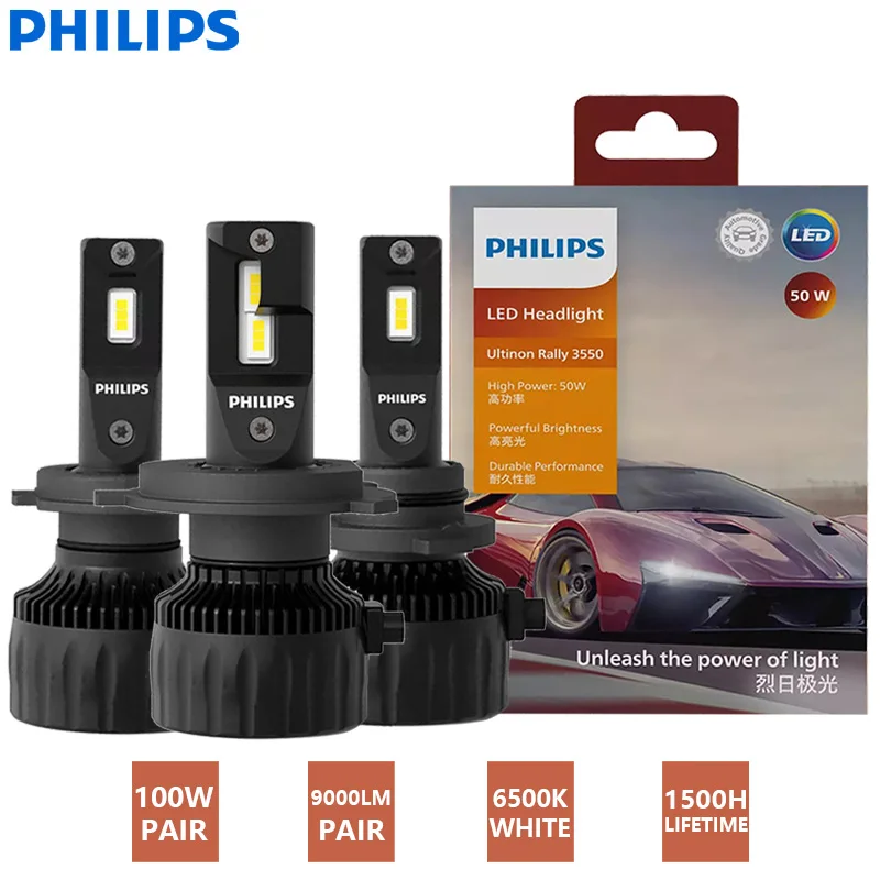 PHILIPS Ultinon Rally 3550 LED H4 H7 H11 HB3 HB4 HIR2 Car Headlight 9005 9006 9012 Genuine Bulb 100W 6500K White High Low Beam