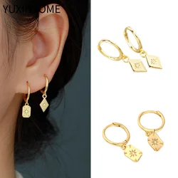 925 Sterling Silver Ear Needle Fashion Hoop Earrings for Women White Zircon Square Geometry Card Pendant Earrings Luxury Jewelry
