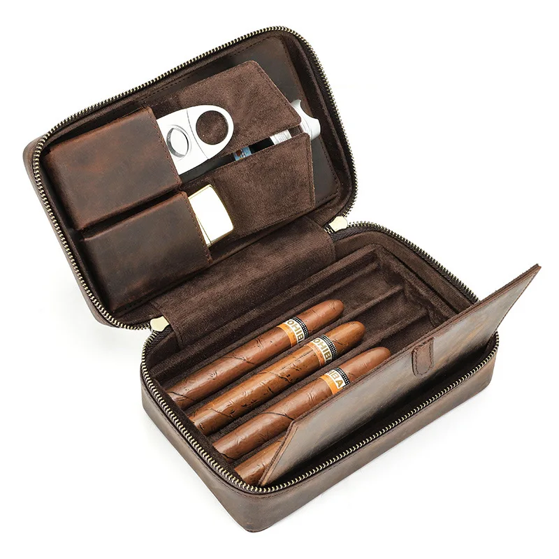 Vintage Crazy Horse Leather Cigar Box 4 Pack Handmade Zipper Portable Cigar Moisturizer Set