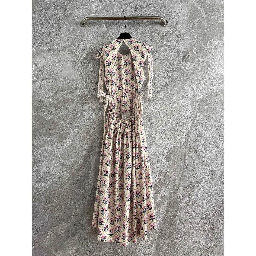 

Beige Pink Orchid Floral Print Sleeveless Backless Midi Dress