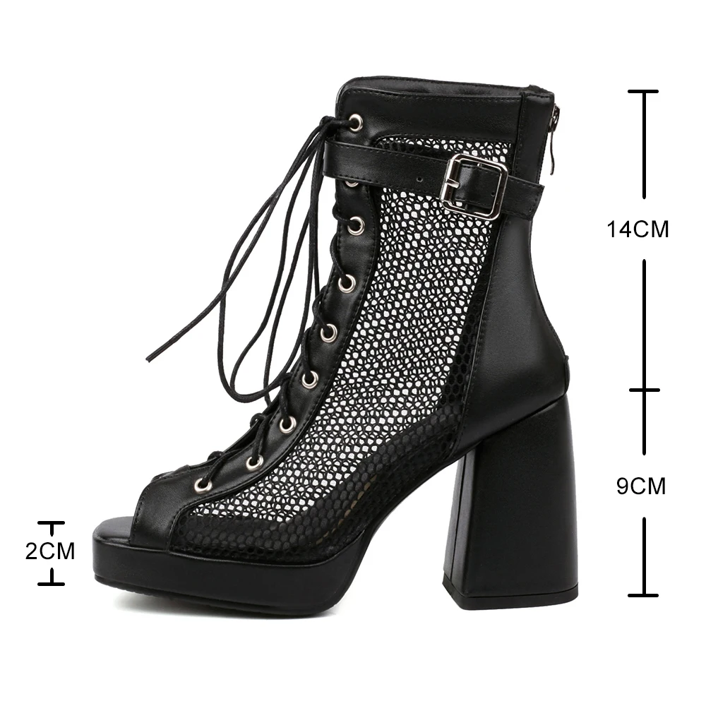 Womens fashion summer Hollow Mesh Open Toe boots Comfortable high heel sandals female Lace-Up Casual heels chunky heel Pumps 33