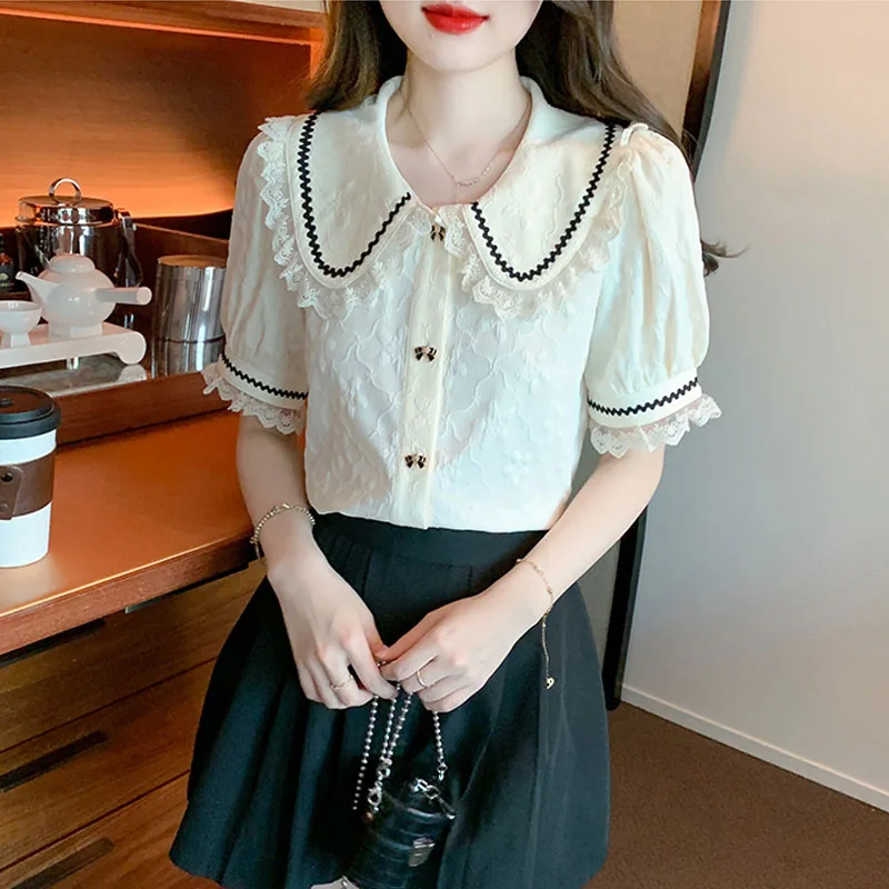 Zomer Korte Mouw Pop Kraag Vrouwen Shirt Office Lady Chiffon Shirt Blouse Vrouwen Tops Blusas Mujer De Moda 2024 Verano A278