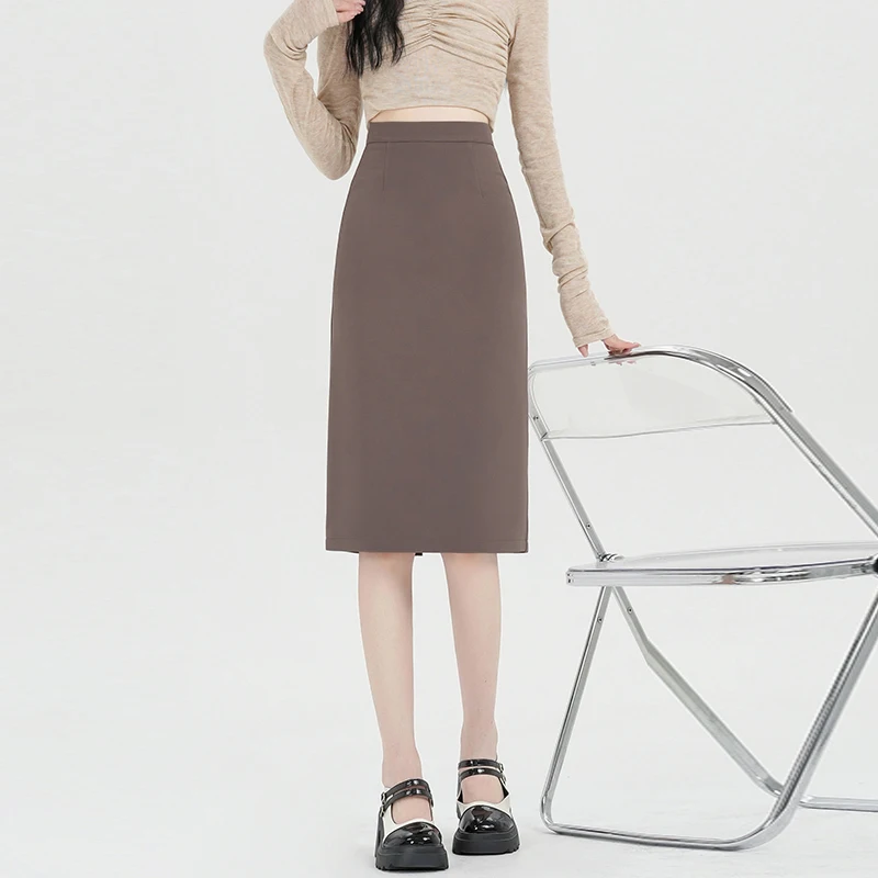 Eleganckie spódnice midi damskie z wysokim stanem, kopertowe, na wiosnę i jesień, nowe, jednolite, z rozcięciem z tyłu, zapinane na zamek, biurowe, ołówkowe, w kształcie litery A, 2025.