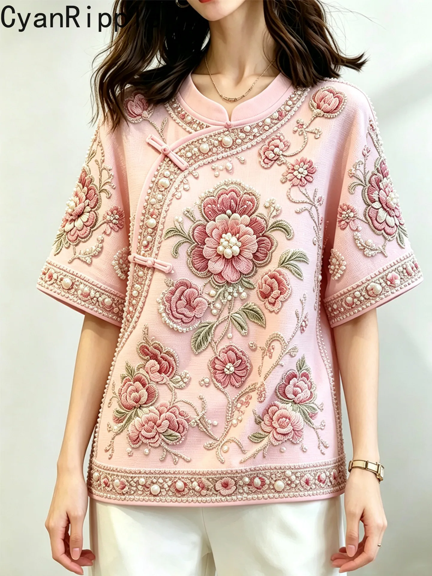 High Quality New Spring Summer Vintage Pink Half Sleeve Women T-shirt Luxury Beads Flowers Embroidery Casual Loose Pullover Tops