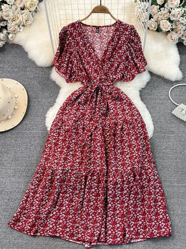 เดรสทรงเอลายดอกไม้เก๋ไก๋ พร้อมเข็มขัด หรือเดรสทรงวี คอวี ช่วยให้ดูผอมเพรียว ยาว สไตล์เกาหลี เอวสูง สำหรับฤดูร้อน