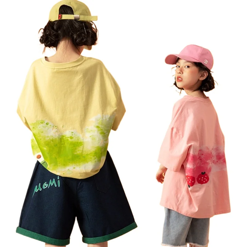 Boys and Girls Short Sleeved T-shirt 2024 New Summer Korean  Full Print Loose Top Beach Children's Ocean Gas T-shirt