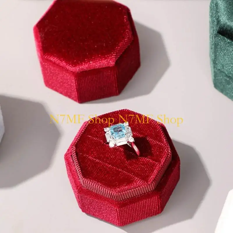 

N7MF Velvets Wedding Rings Box Octagonal Storage Box Triple Rings Showcase Box