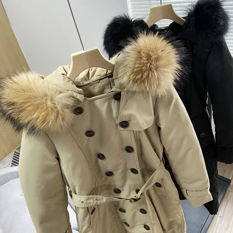 2024 New Autumn Winter Down Parka Trench Coat 90White Duck Down Jacket Hooded Warm Big Fur Collar Double-Breasted Down Coat Long