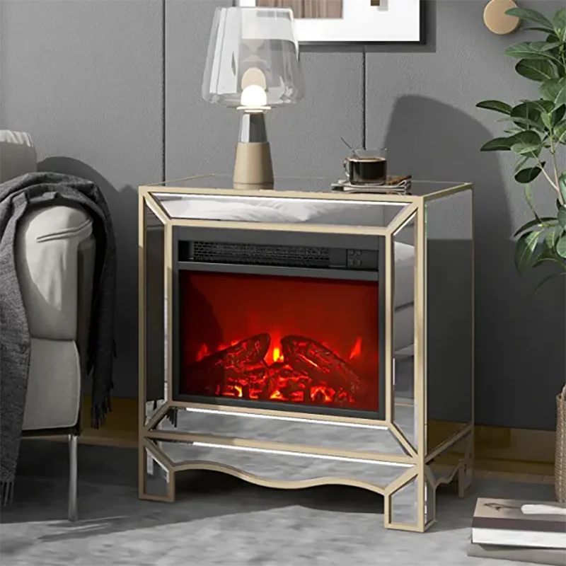 Electric Fireplace, Mirrored Glass Freestanding Heater, LED Flame, Champagne Color Bezel, 59x34x62cm, Living Room Furniture