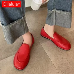 Dilalula 2025 Popular Genuine Leather Flat Heel Loafers Women Round Toe Slip On Soft Leather Flats Female Casual Pumps Walk
