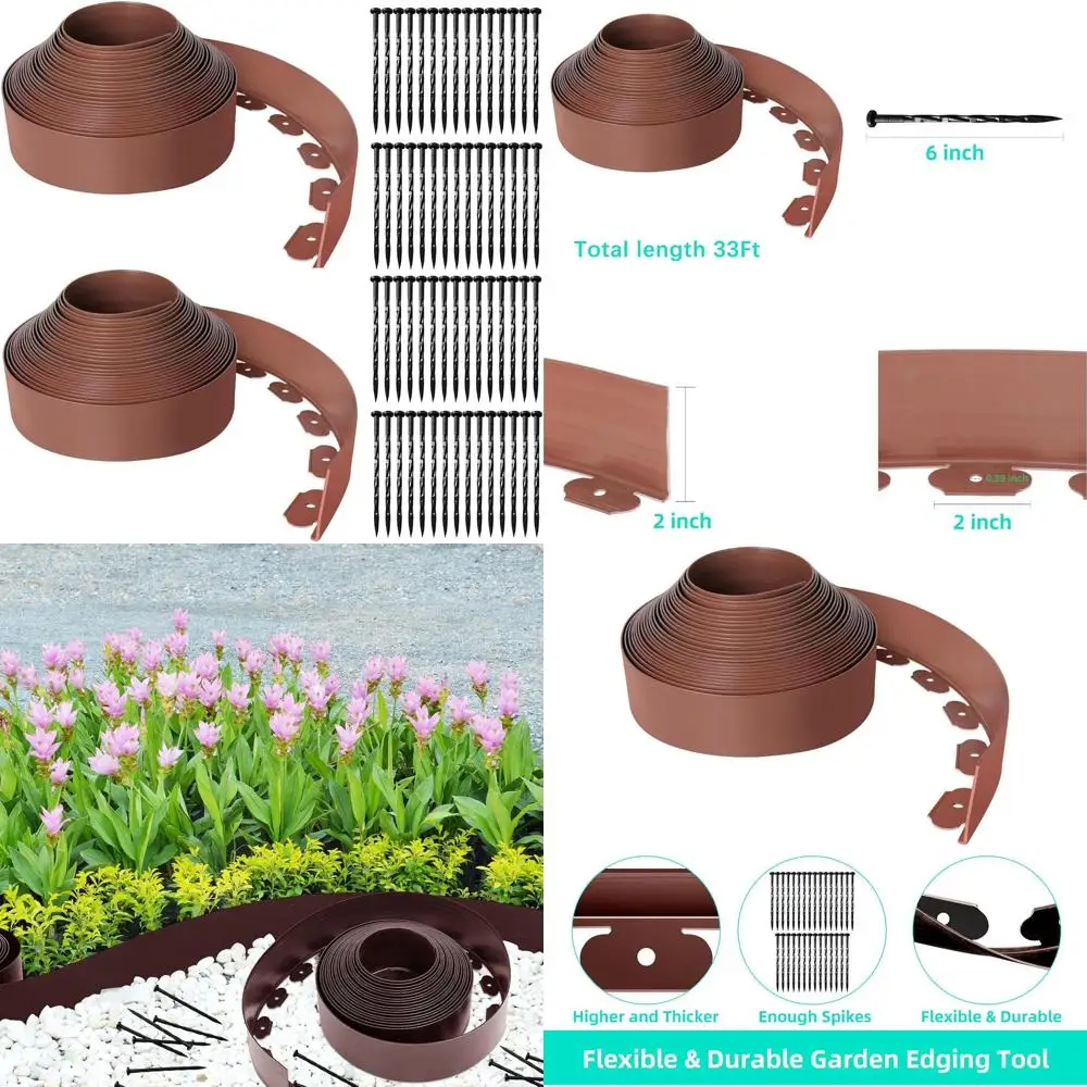 

66-Foot 4-Inch Tall Flexible Garden Edging, Plastic Lawn Border Kit with 60 Spikes for Landscaping, Flower Beds, Yard Pathways
