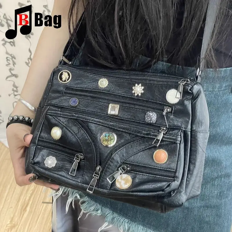 Y2K Gothic Women\'s Girls Punk Handbags Harajuku Original Button Multi Zipper Washed One Shoulder Crossbody Bag Fashionable Totes