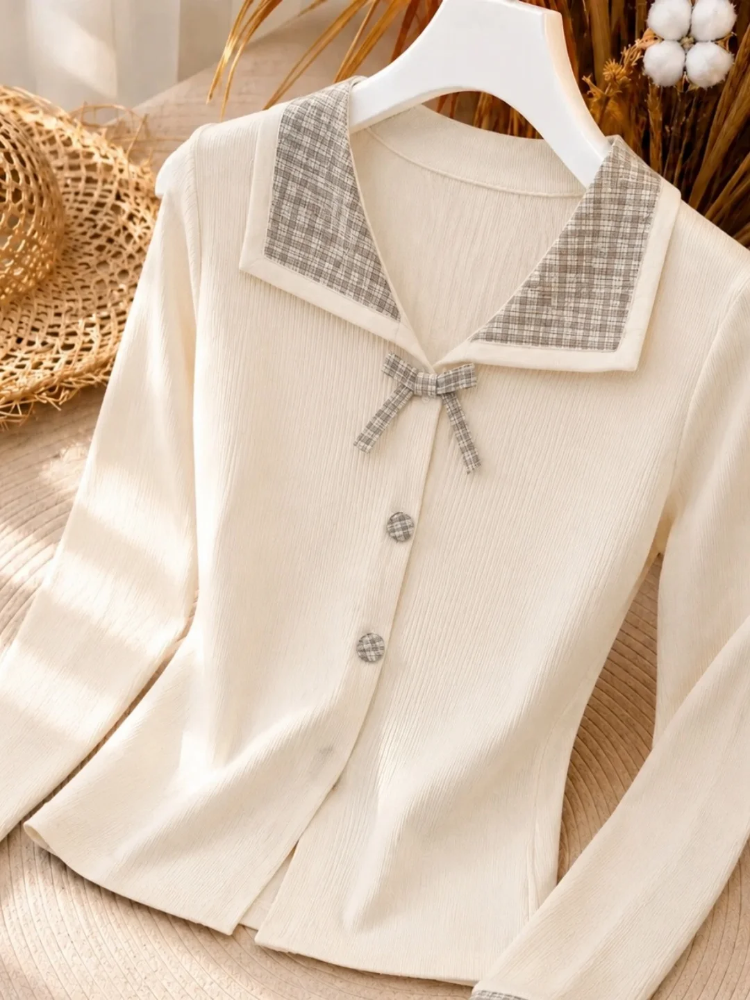  Plaid Knitwear Long Sleeve Women's Fashionable Trendy Age-defying Versatile Top Commute Korean Style Button Detail