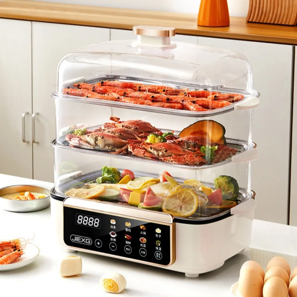 48L Multi-functional Electric Food Steamer 3-Layer Large Capacity Home Use Timer & Reservation All-in-One Breakfast Steamer 220V