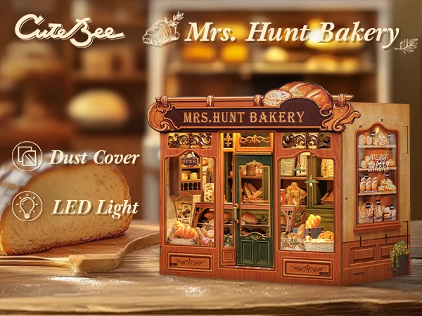 Original CUTEBEE 216pcs Mrs.Hunt Bakery Book Nook Kit DIY Miniature House Bakery Dessert Shop Dollhouse Booknook for Adults Tiny House Bookshelf Decor 3D Wooden Puzzle DIY Craft Gifts for Family Friends book nook para montar gifts for books fans