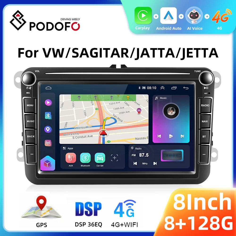 Podofo WIFI GPS 8'' Autoradio For VW/POLO/PASSAT Skoda Seat Android Car Radio Carplay Android Auto 8+128G Bluetooth Car Stereo