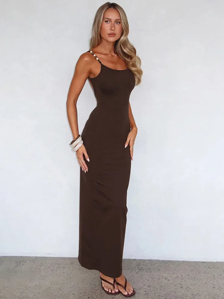 XIAOTANG Spaghetti sangle dos nu Sexy robe Maxi femmes robe mode solide sans manches dos fendu moulante Club fête longue robe