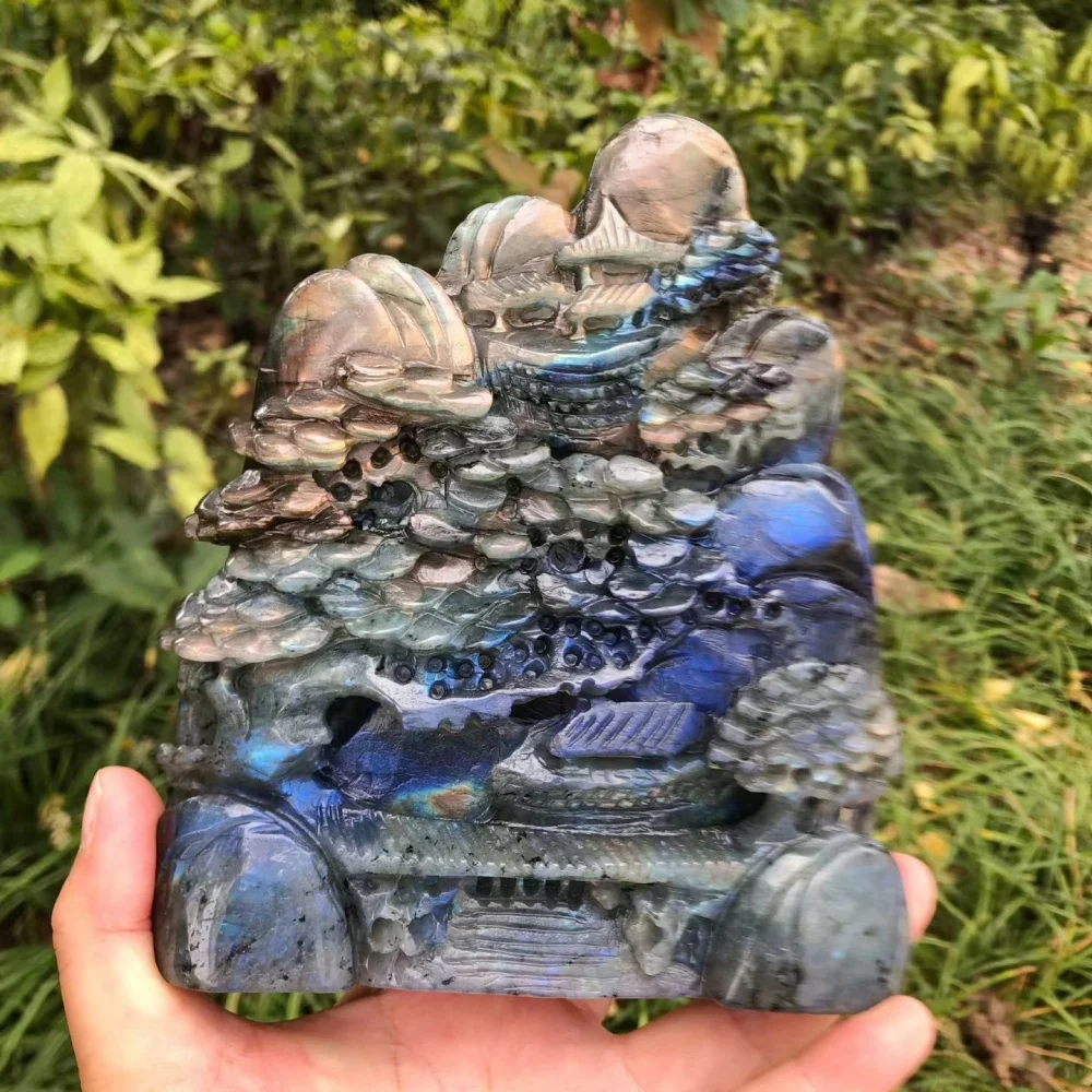Natural Labradorite Hand Carved Mountain Landscape Sculpture, Flash Blue Light Crystal Stone Statue, Home Decor, Reiki Healing