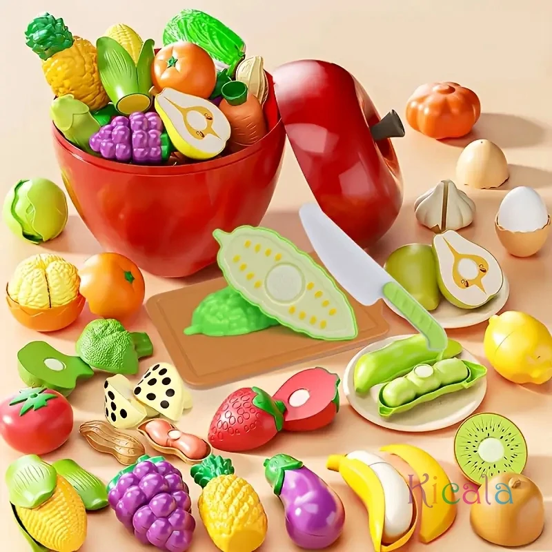 

Children Kitchen Fruit Cutting Toy Sensory Plastic Fruits Vegetables Cutting Toy Set Pretend Play Apple Box