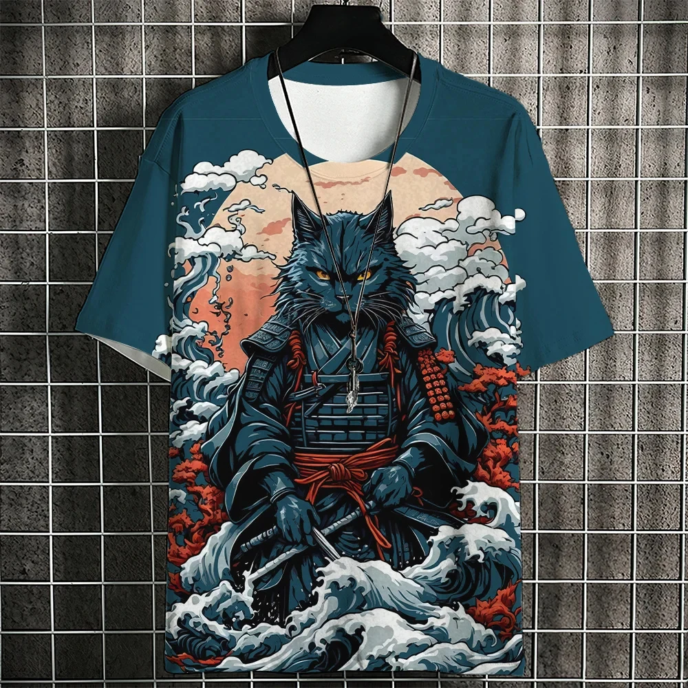 

Cartoon Cat Men's T-Shirt Japanese Style Ukiyo-e Cat Printing T-Shirts Casual Loose Short Sleeve Tee Oversized Men Clothing Tops
