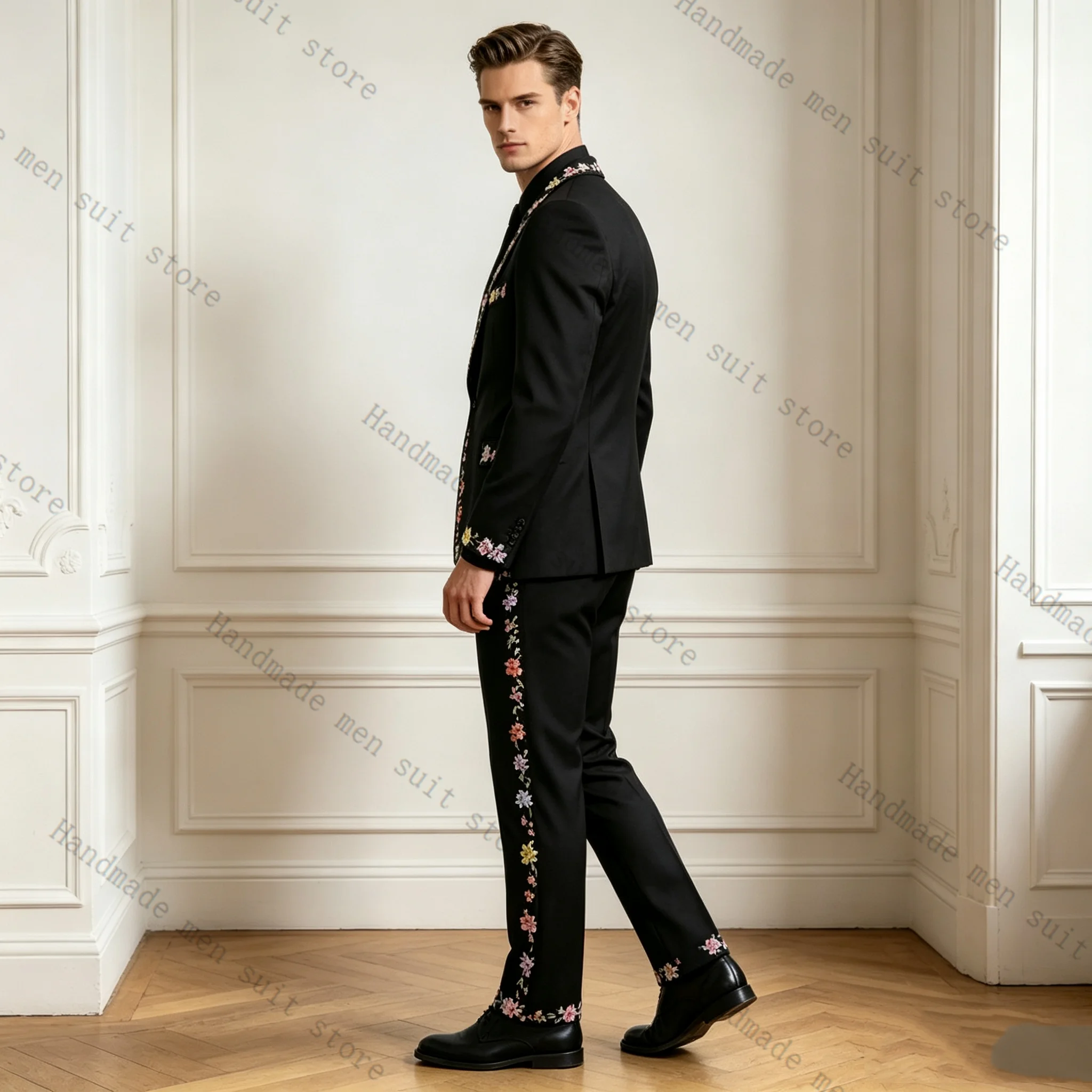 

Luxury 3D Flower Men Suit Set 2 Pcs Blazer+Pants Black Cotton Prom Wedding Tuxedos Coat Customized Formal Office Fashion Jacket