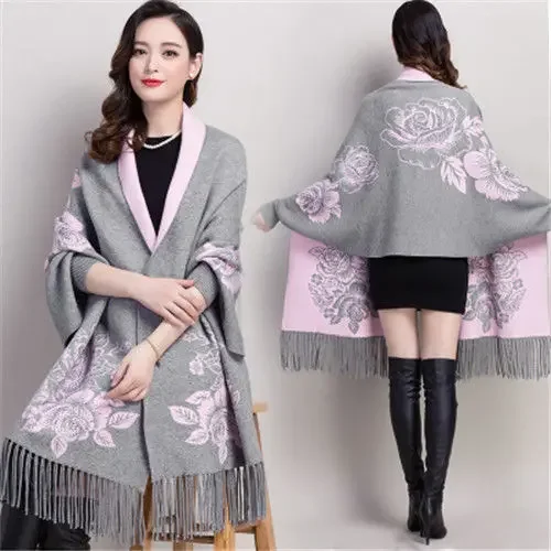 

Floral Autumn Winter Capes National Knitted Cloak Women 2024 New Open Stitch Cloak Tassel Warm Shawl V Collar Ponchos T31