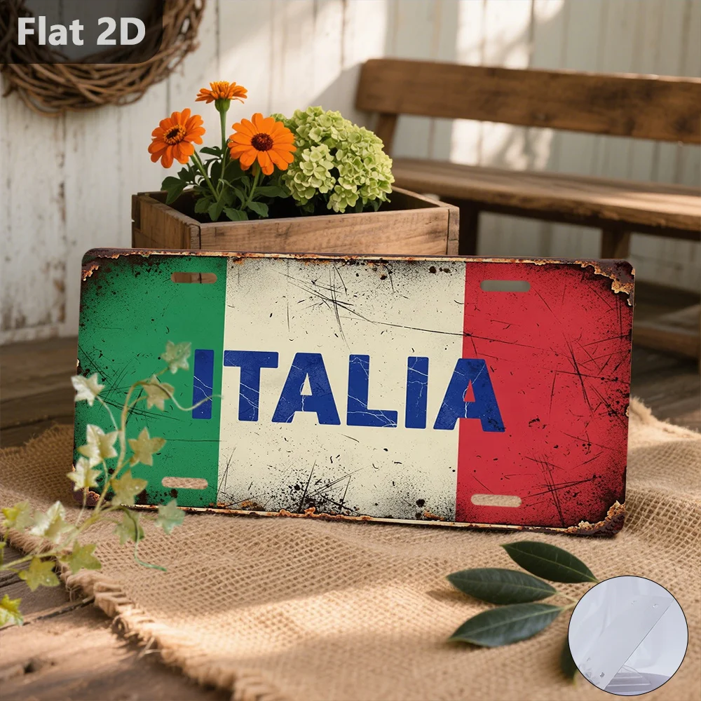 2D Flat, 2D Flat - A Vintage Aluminum Sign Featuring The ITALIA Flag, Measuring 30.48cm by 14.99cm, Perfect for DecoraAluminumg