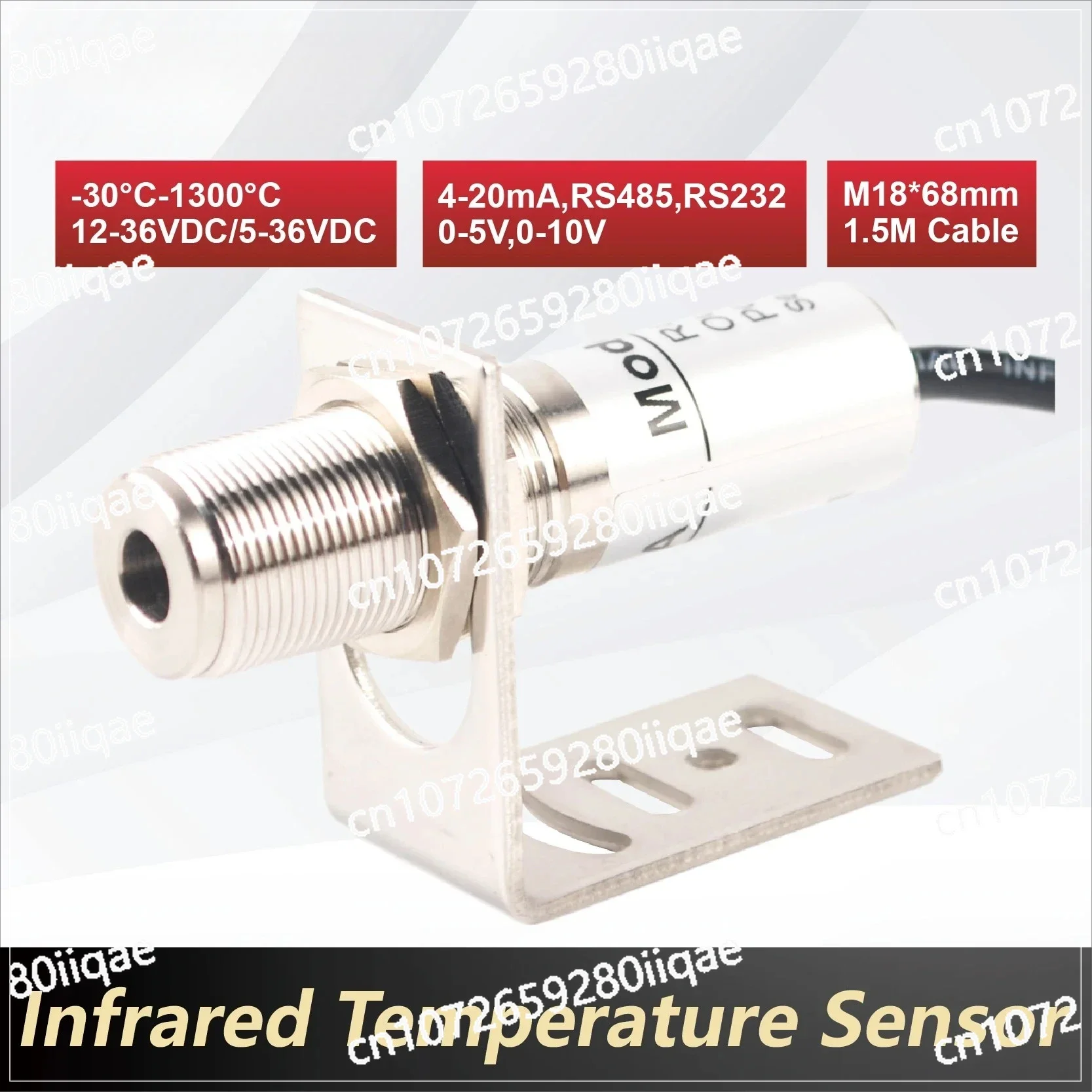Output Industrial Fixed Mount Compact Non-Contact Infrared Temperature Sensor 0-600°C 4-20mA/0-10V/0-5V RS485