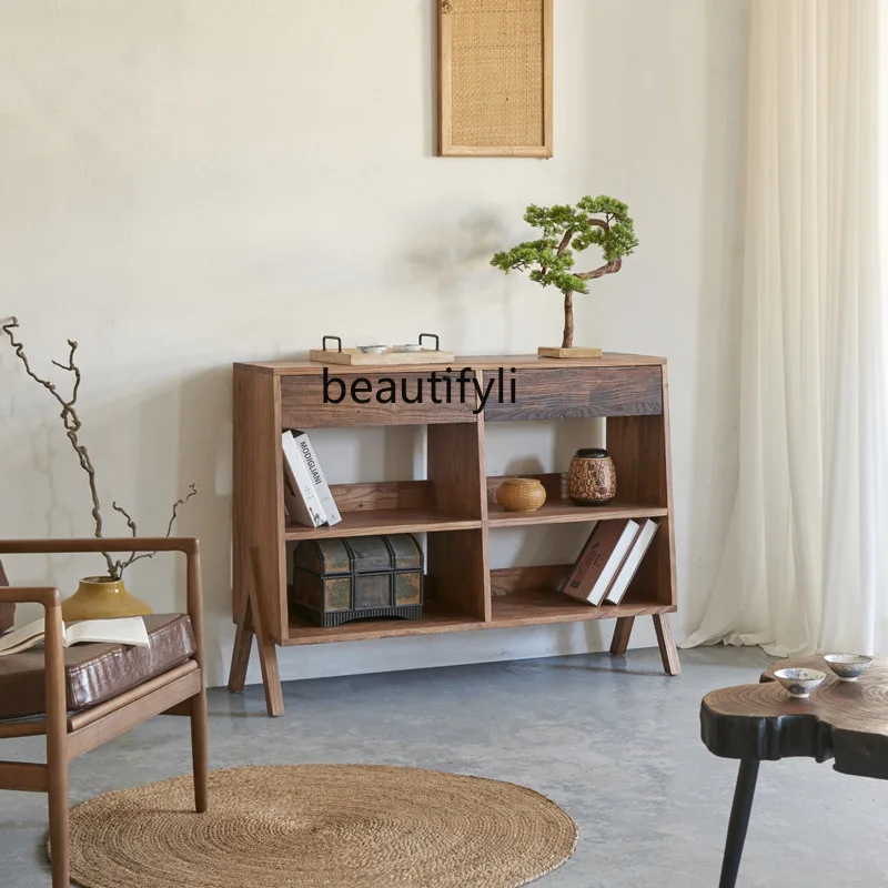 

Wabi-sabi wind medieval two-layer bucket cabinet old wood dining side cabinet Japanese solid wood combination tea, side cabinet